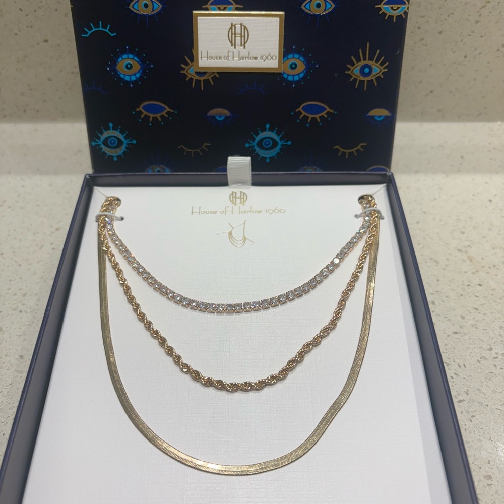 NWT House of Harlow 1960 Gold and Cubic Zirconia Necklace Stack Trio